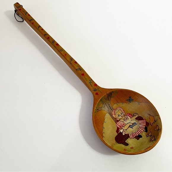 Norwegian Folk Art Hand-Painted Wooden Spoon Girl Bonnet Tree Chicks Signed - Picture 4 of 16